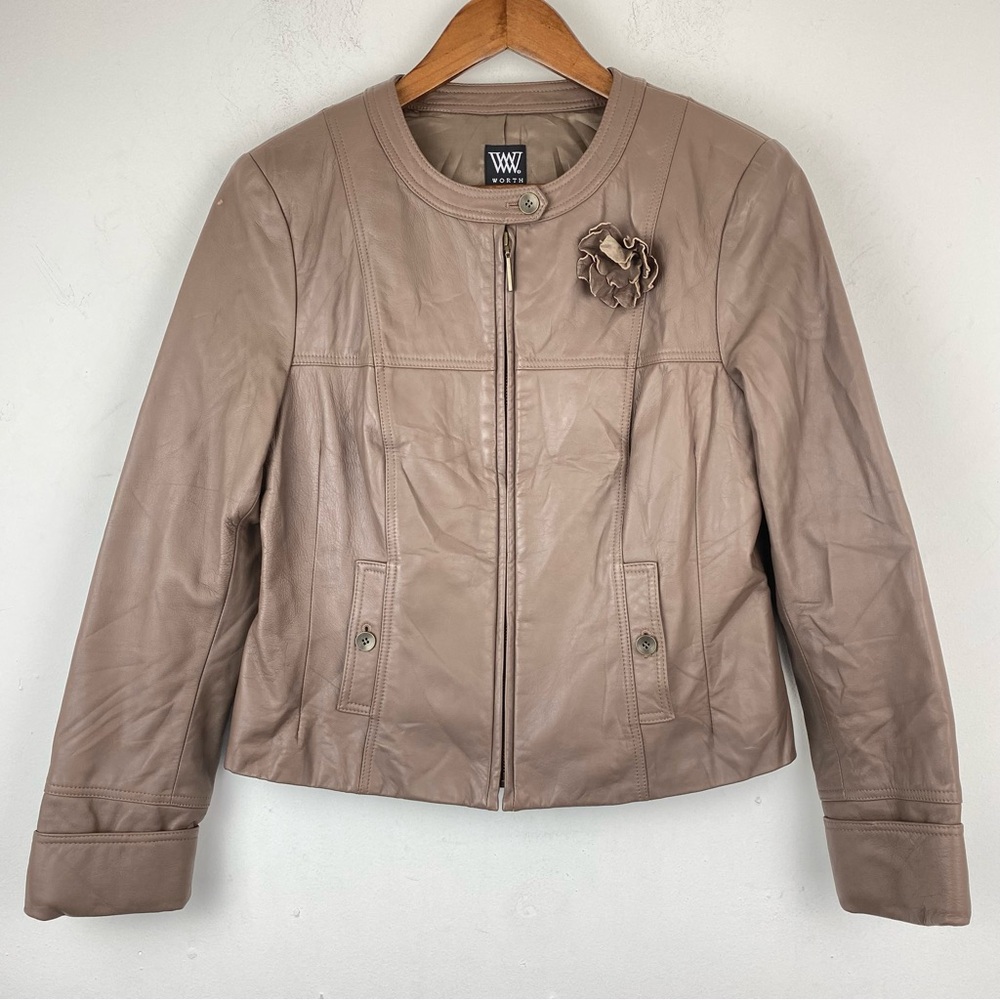 Worth size 10 Women’s Tan Brown Leather Flower Detail Full Zip Jacket